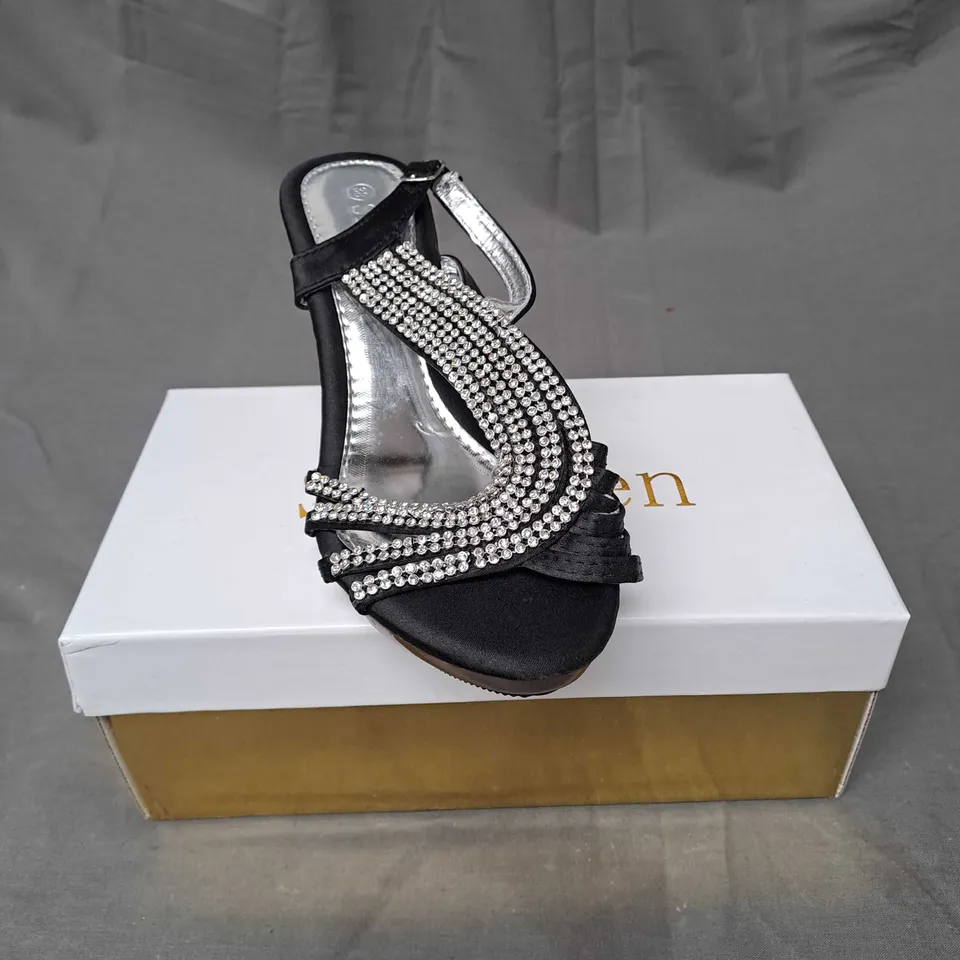 BOX OF APPROXIMATELY 10 PAIRS OF EMBELLISHED STRAPPY HEELS IN BLACK - VARIOUS SIZES