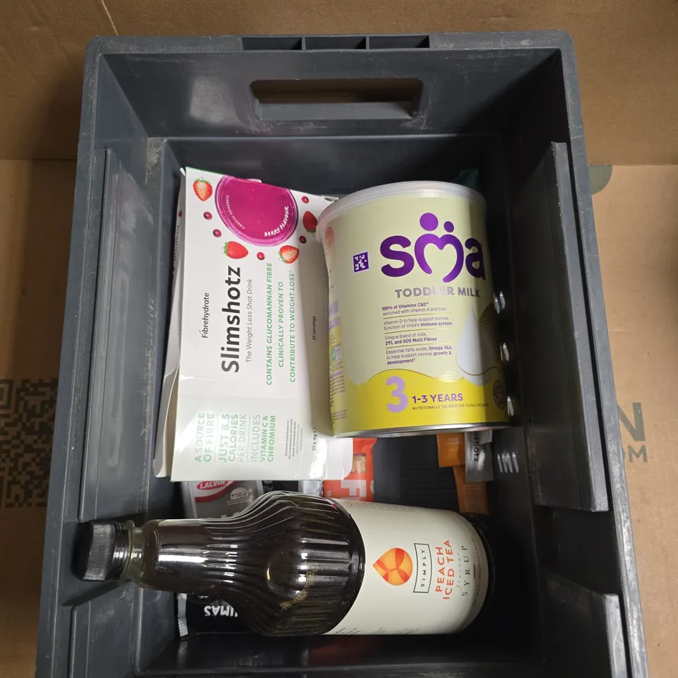 A TOTE OF APROXIMATELY 7 TO INCLUDE SMA TODDLER MILK, SLIMSHOTZ WEIGHT LOSS DRINK PEACH ICE TEA SYRUP.