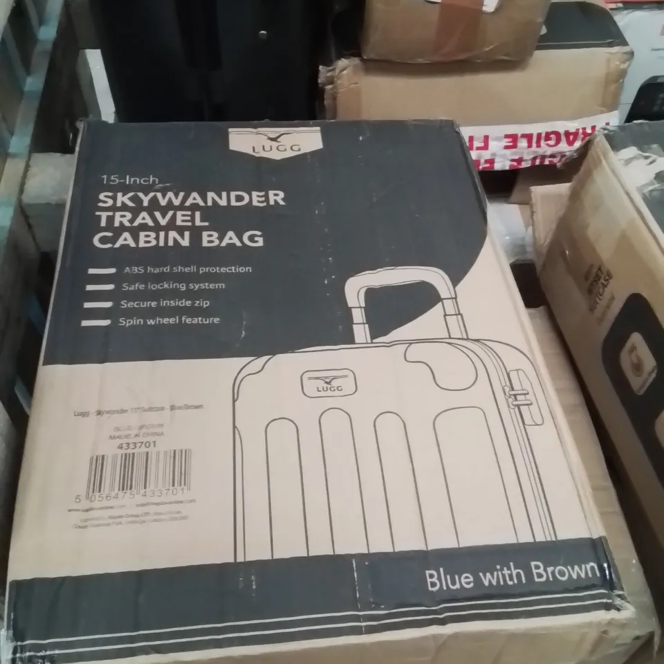 BOXED LUGG 15INCH SKYWANDER TRAVEL CABIN BAG BLUE WITH BROWN 