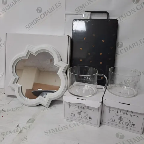 4 ASSORTED PRETTY LITTLE HOME PRODUCTS TO INCLUDE CHOPPING BOARD, QUATREFOIL MIRRORS, GLASS MUG