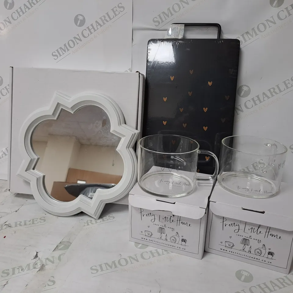4 ASSORTED PRETTY LITTLE HOME PRODUCTS TO INCLUDE CHOPPING BOARD, QUATREFOIL MIRRORS, GLASS MUG