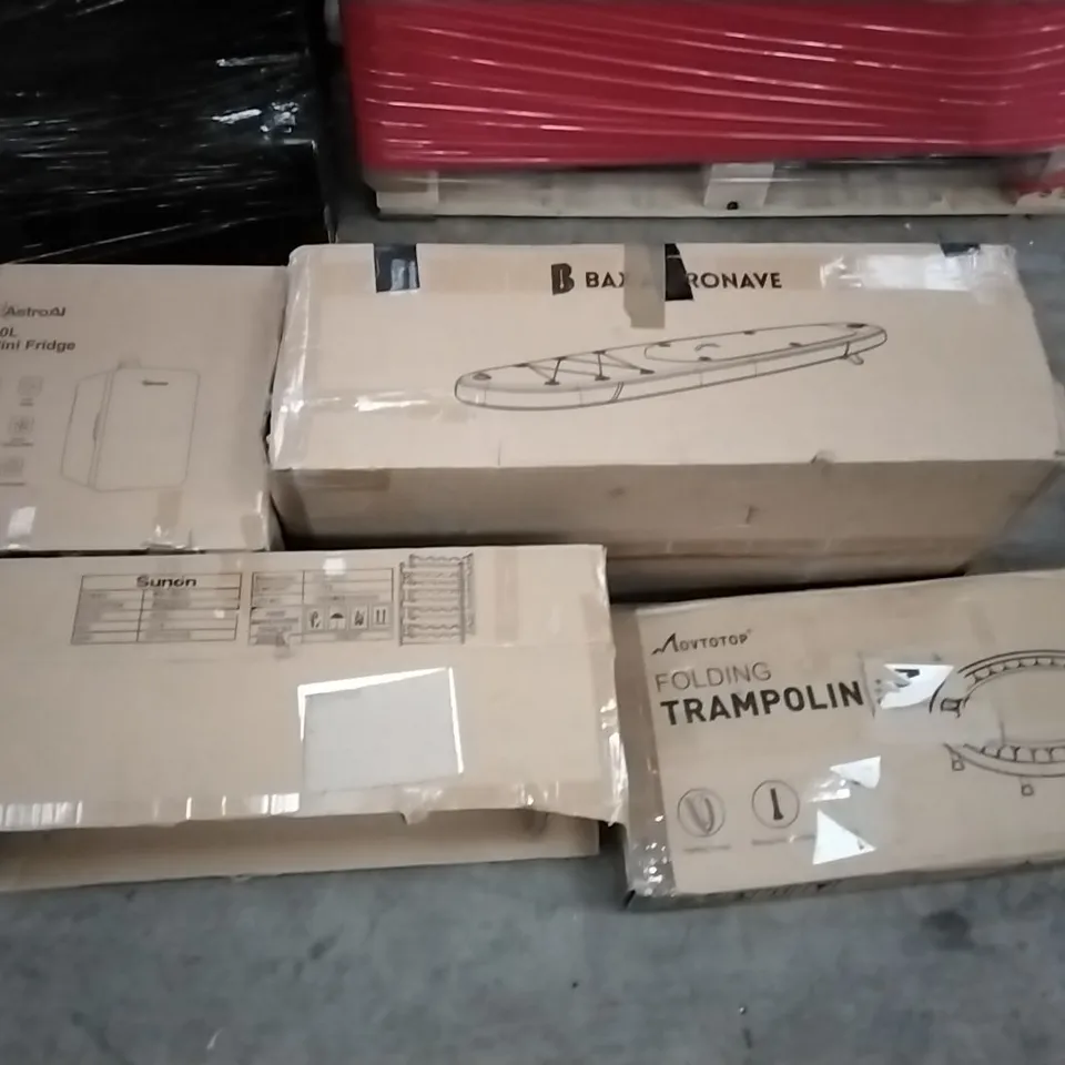 PALLET OF ASSORTED ITEMS INCLUDING MOVTOTOP FOLDING TRAMPOLINE, ASTROAI 10L MINI FRIDGE, SUNON WINE RACK, 40" FITNESS TRAMPOLINE, VENTIO 
