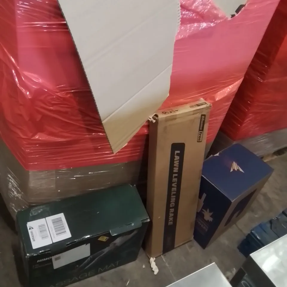 PALLET OF ASSORTED HOUSEHOLD GOODS AND PRODUCTS TO INCLUDE;FULL BODY MASSAGER PAD,RAKE,DEHUMIDIFIER