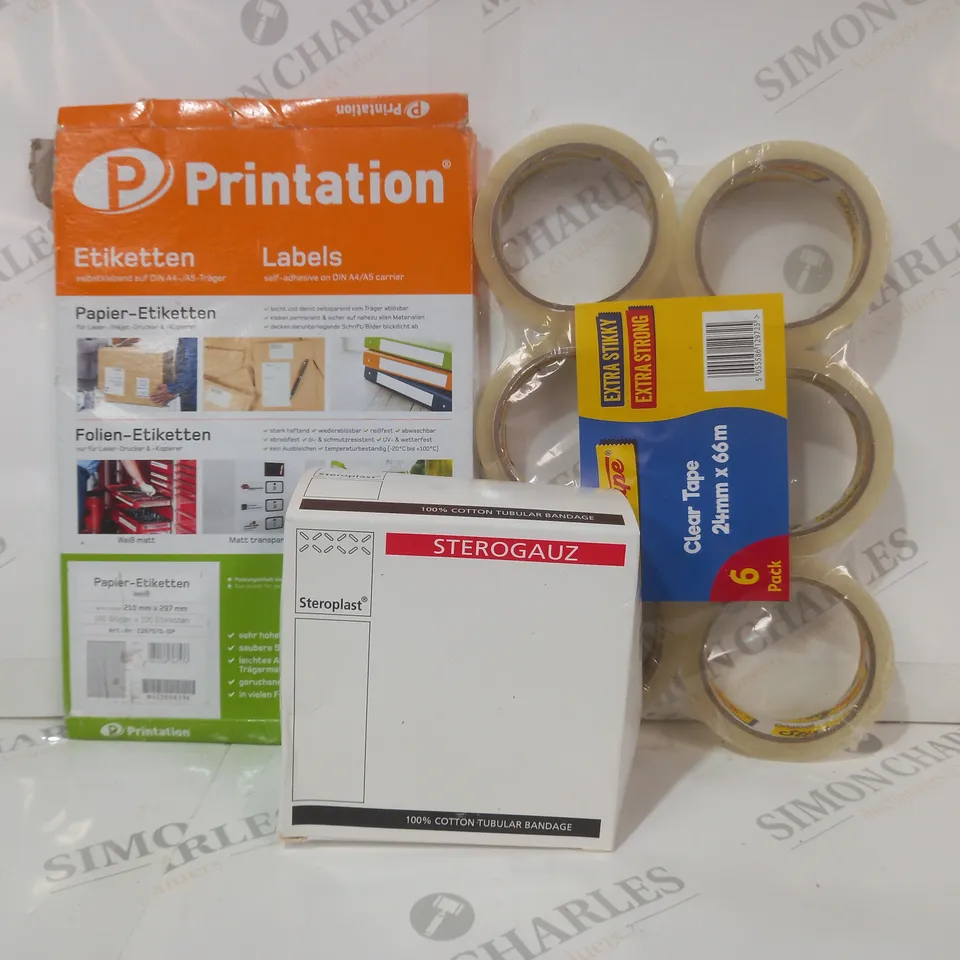 BOX OF APPROXIMATELY 20 ASSORTED HOUSEHOLD ITEMS TO INCLUDE COTTON TUBULAR BANDAGE, PRINTATION LABELS, CLEAR TAPE, ETC