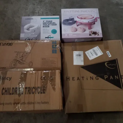 PALLET CONTAINING ASSORTED PRODUCTS INCLUDING HEATING PANEL, CHILDRENS TRICYCLE, KNITTING MACHINE & 3" FOAM UNIVERSAL TOILET SEAT RISER