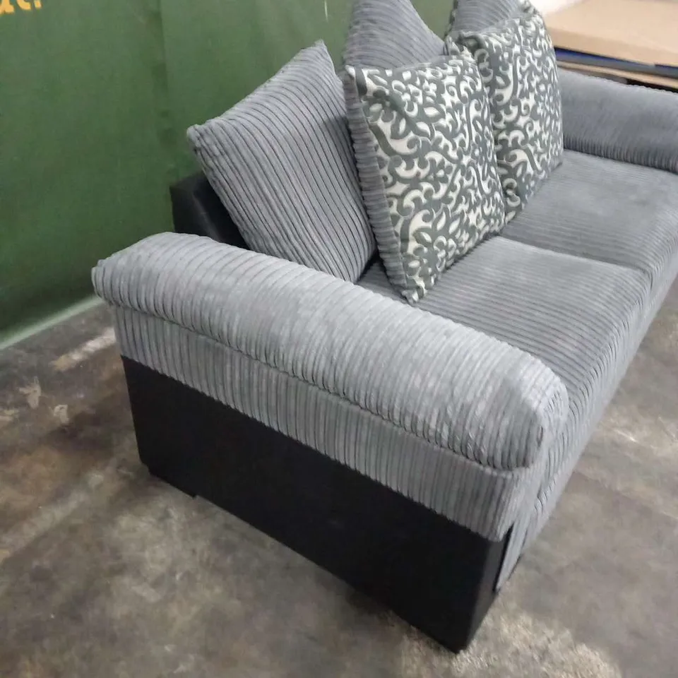DESIGNER BLACK SUEDE EFFECT AND GREY CORDED FABRIC TWO SEATER WITH SCATTER CUSHIONS