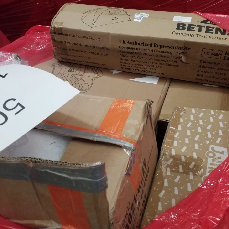 PALLET CONTAINING ASSORTED PRODUCTS INCLUDING CAMPING TENT, GAMING OFFICE CHAIR, BABY STROLLER & BOOSTER SEAT