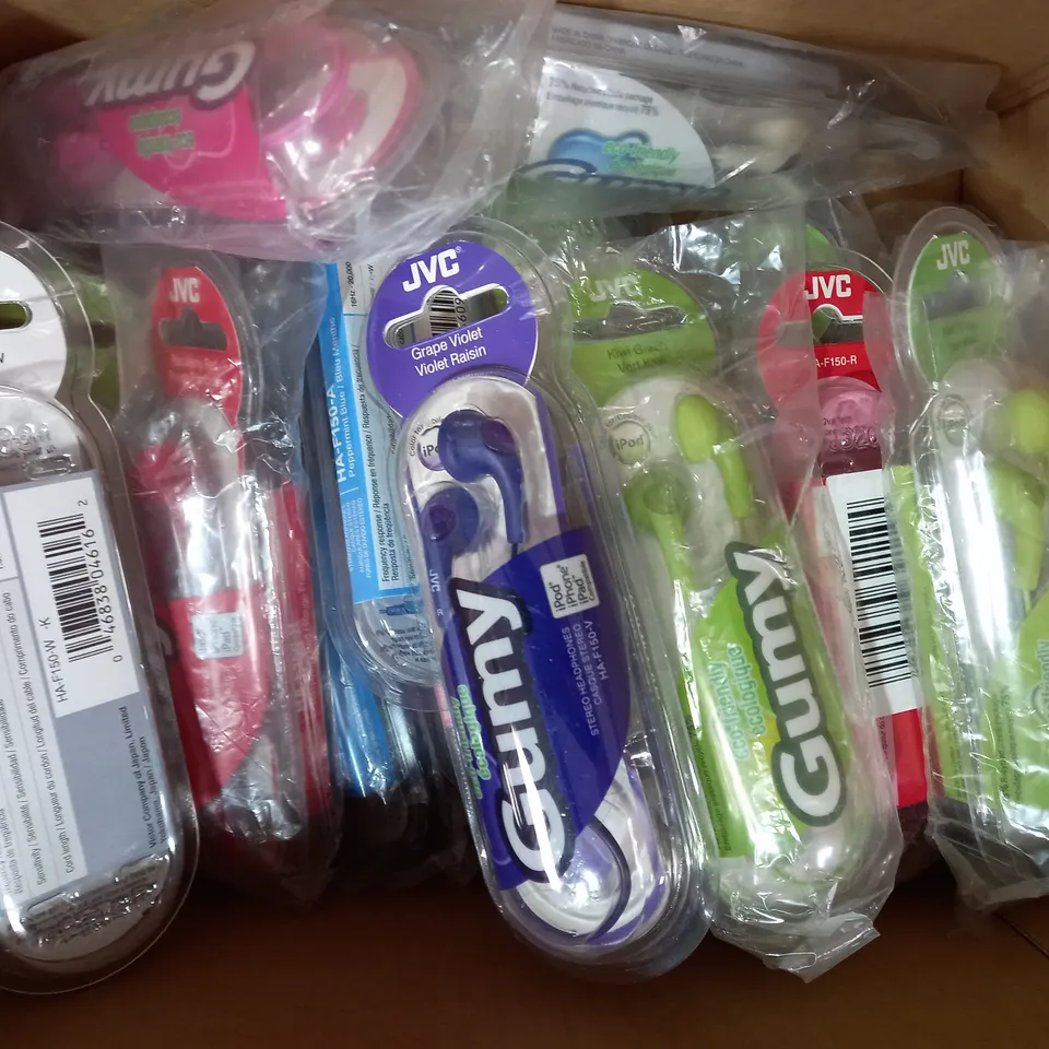 BOX OF APPROXIMATELY 20 ASSORTED JVC GUMY STEREO HEADPHONES IN VARIOUS COLOURS