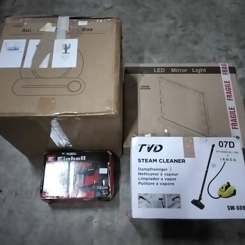PALLET CONTAINING ASSORTED PRODUCTS INCLUDING LED MIRROR LIGHT, STEAM CLEANER, AUTO CAT LITTER BOX & EINHELL COFFEE MACHINE