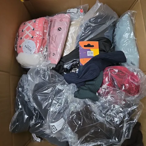 LARGE BOX OF ASSORTED CLOTHING ITEMS IN VARIOUS SIZES, STYLES AND COLOUR 