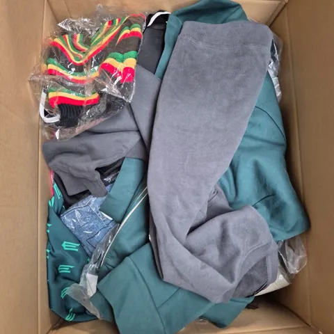 LARGE BOX OF ASSORTED CLOTHING ITEMS IN VARIOUS SIZES, STYLES AND COLOUR 