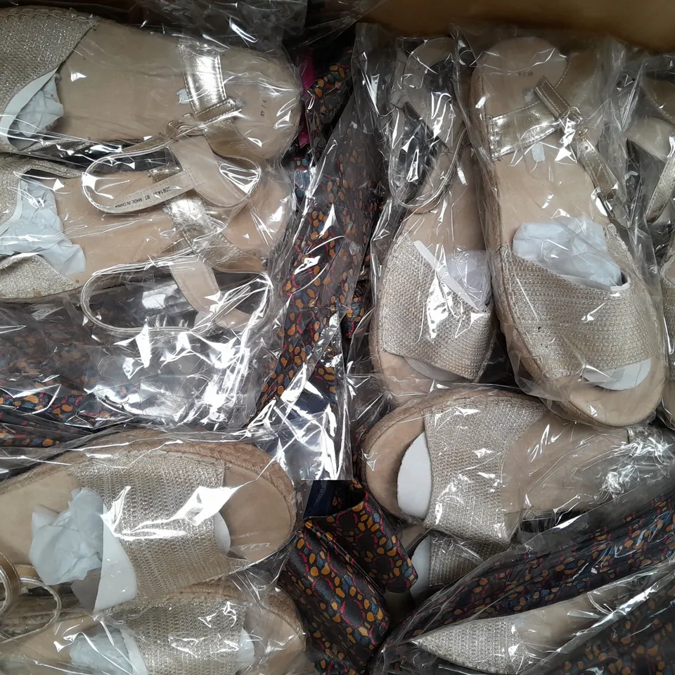 BOX OF APPROXIMATELY 20 ASSORTED FOOTWEAR AND FASHION ITEMS IN VARIOUS STYLES AND SIZES TO INCLUDE MULTICOLOUR TIE, KELSI SHOES, ETC