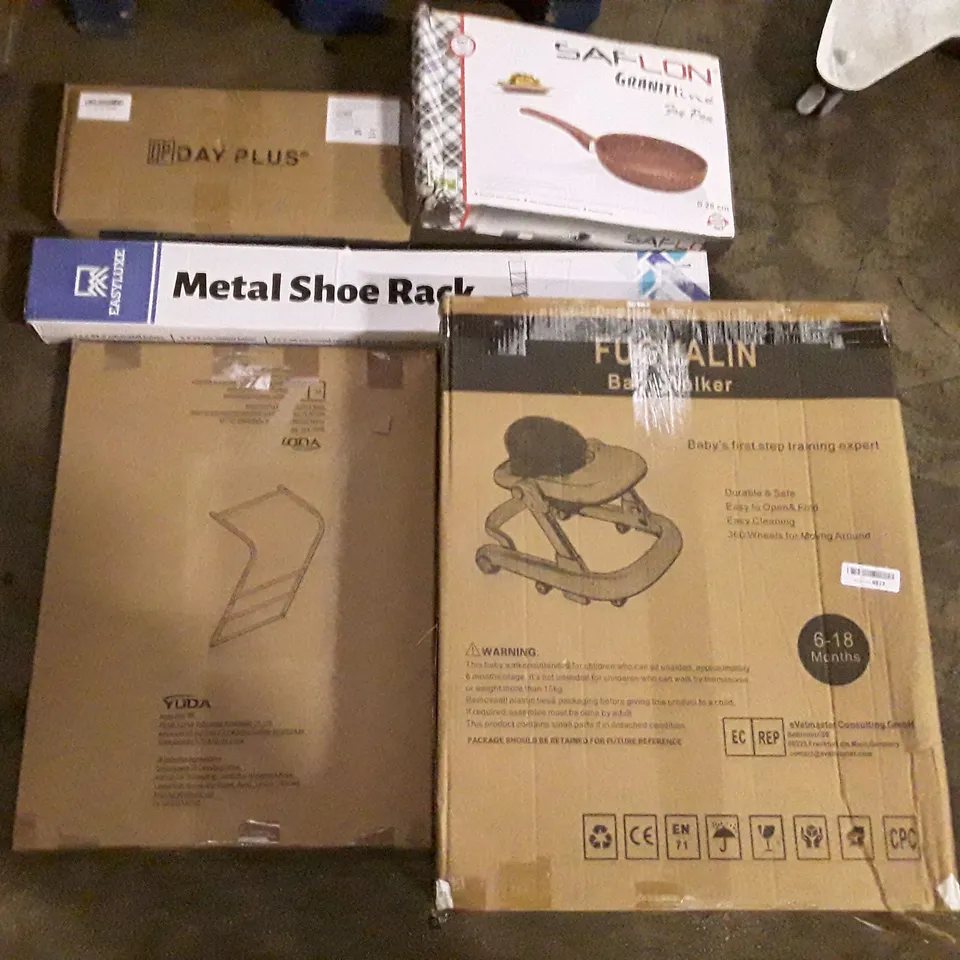 PALLET OF ASSORTED PRODUCTS INCLUDING BABY WALKER, TOWEL RACK, METAL SHOE RACK, GRANITE FRY PAN, DISH RACK