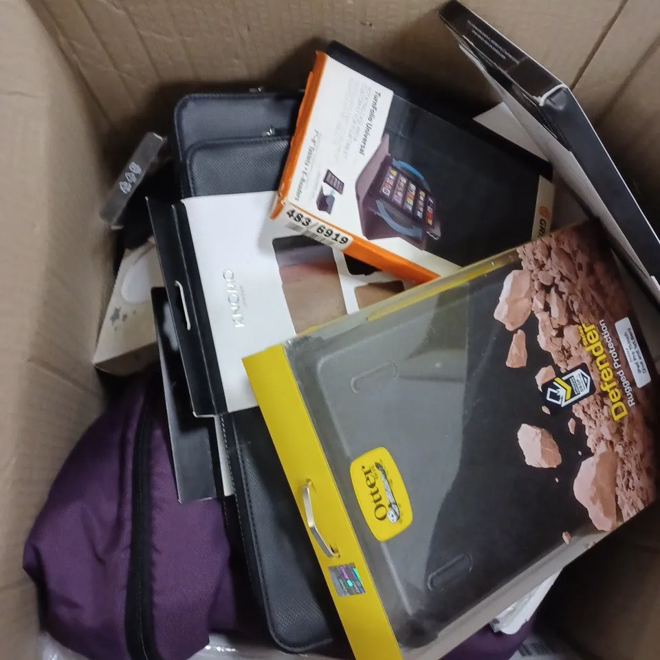 LARGE BOX OF ASSORTED ITEMS TOO INCLUDE IPAD CASES , BOOK COVERS , CHARGERS , TOYS , MICROSOFT PENS , ETC 