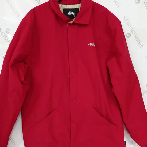 STUSSY BUTTON LONG SLEEVE COAT IN RED - LARGE
