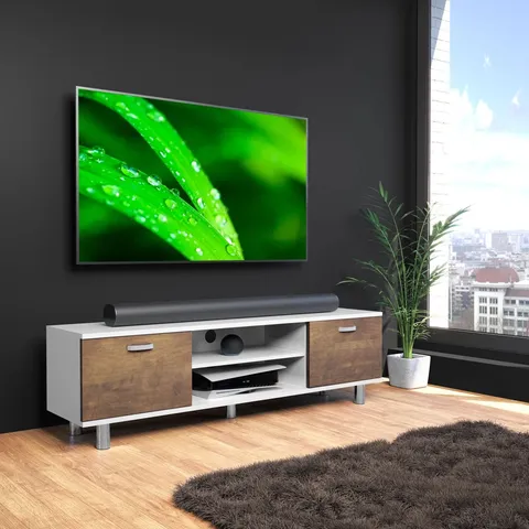 BOXED SHARLIN OMAHA 1.5M TV STAND - WHITE & WALNUT 