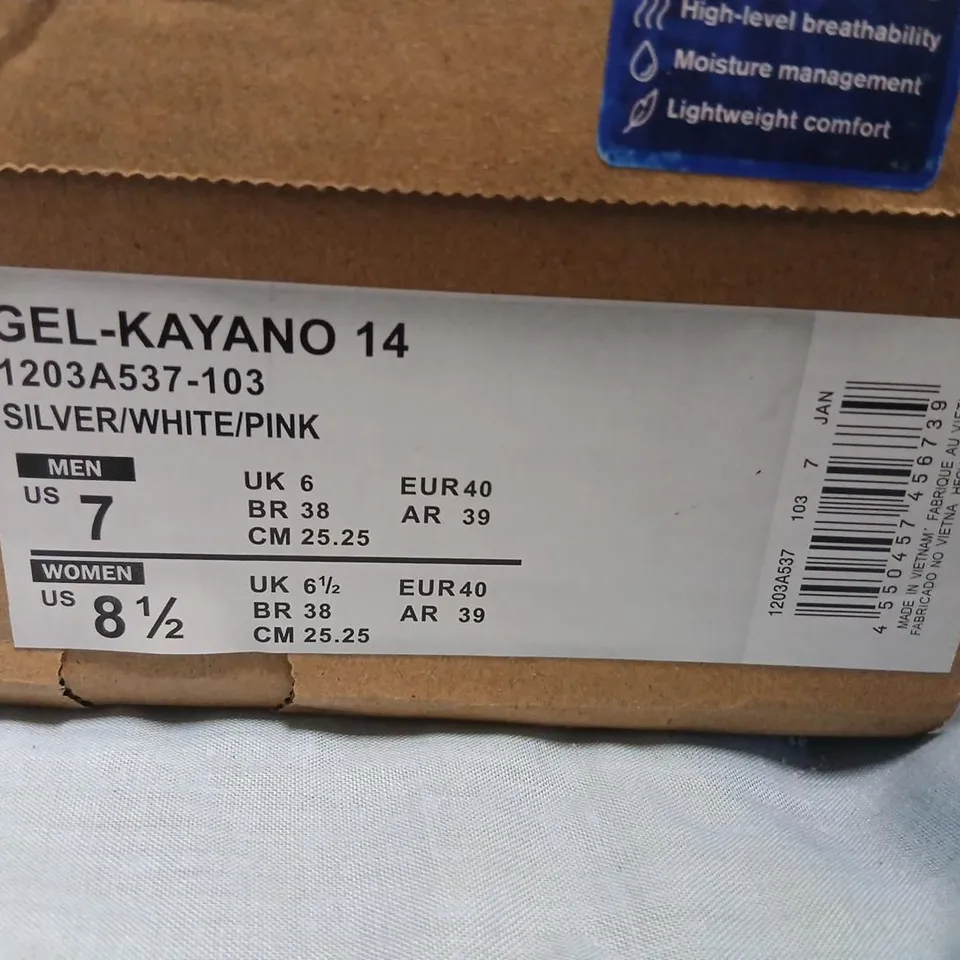 ASICS GEL-KAYANO 14 MENS UK 6 SILVER/WHITE/PINK – BOXED TRAINERS