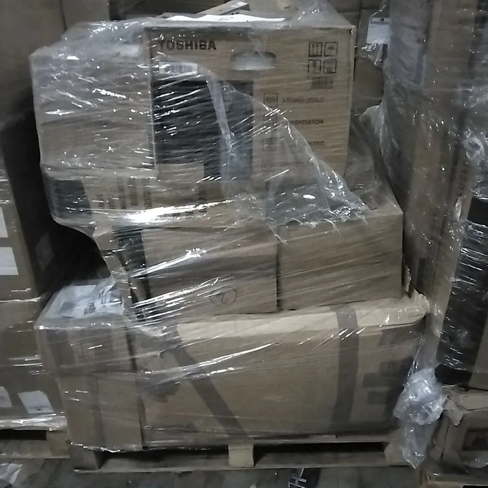 PALLET TO INCLUDE TOSHIBA MICROWAVE OVEN, LED FLOOD LIGHTS,CONSOLE TABLE, SHOE STORAGE BOX AND OTHER ASSORTED ITEMS...