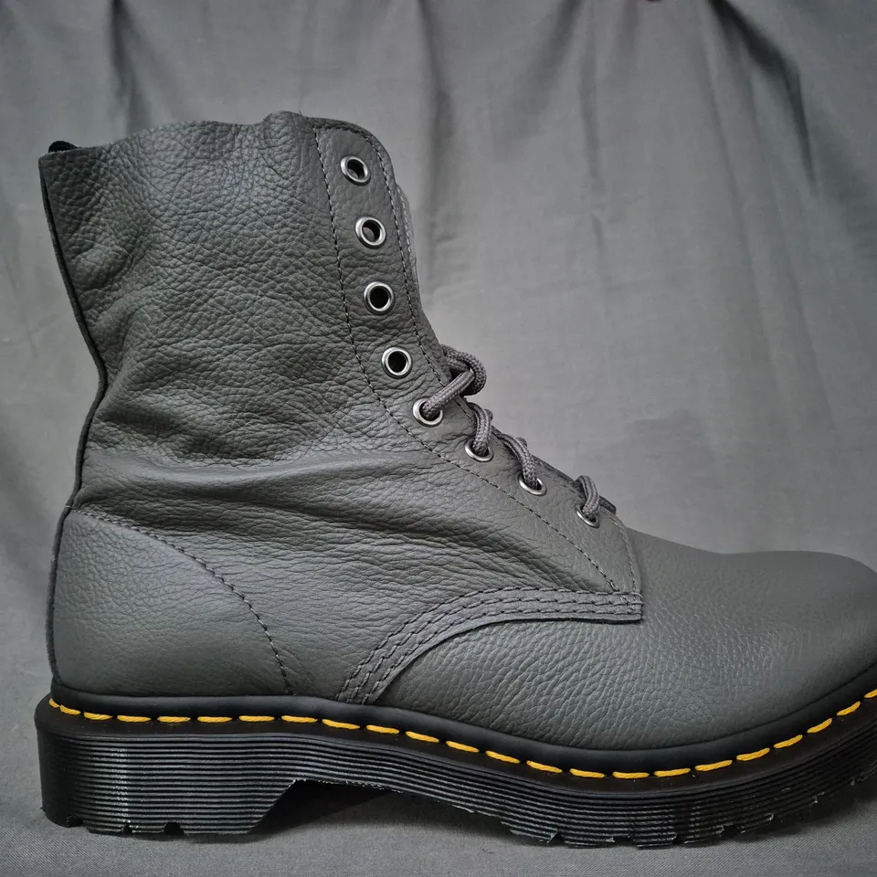 BOXED PAIR OF DR MARTENS 1460 PASCAL ANKLE BOOTS IN GUNMETAL UK SIZE 8