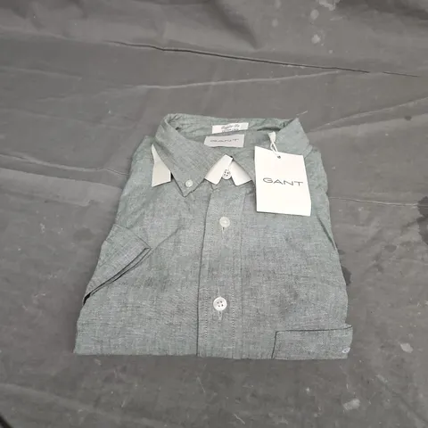 GANT REGULAR FIT COTTON LINEN SHORT SLEEVE SHIRT IN PINE GREEN SIZE XXL