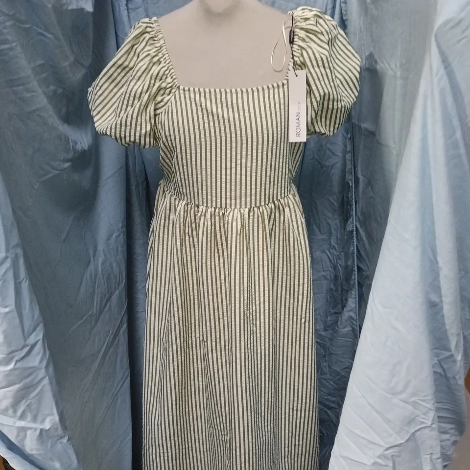 ROMAN ORIGINALS PUFF SLEEVE STRIPED DRESS – SAGE, UK 10
