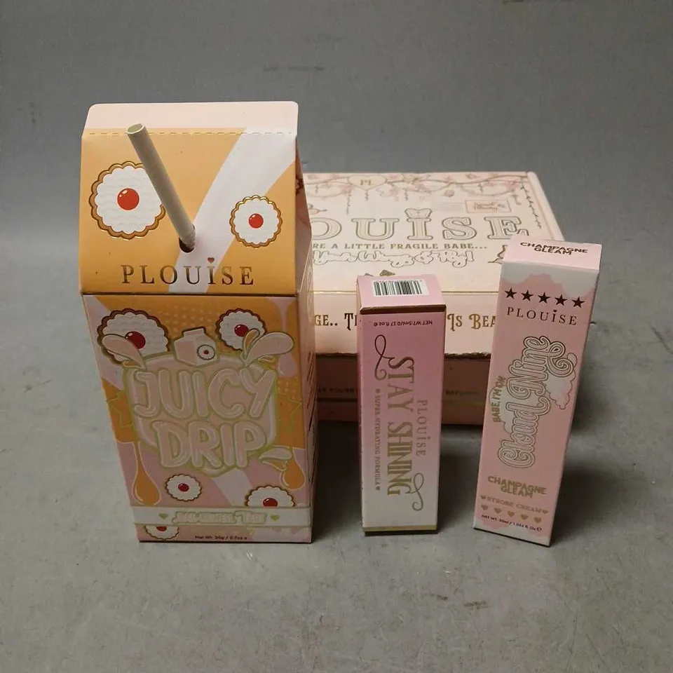 BOXED PLOUISE ASSORTED 3 SKINCARE PRODUCTS TO INCLUDE - JUICY DRIP DUO - STAY SHINING LIP OIL IN SWEET SHOP - CLOUD NINE STROBE CREAM IN CHAMPAGNE GLEAM