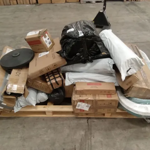 PALLET OF ASSORTED HOUSEHOLD GOODS AND PRODUCTS TO INCLUDE; YOGA MATS, GUITAR, PARASOL BASE ETC