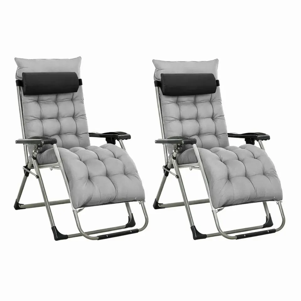 BOXED NEO ZERO GRAVITY GREY RECLINING SUN LOUNGER WITH PADDED CUSHIONS SET OF 2