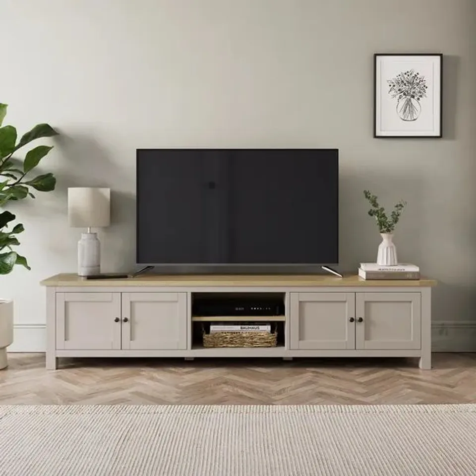 BOXED OLNEY SUPERWIDE TV UNIT FOR TVS UP TO 60" - STONE (1 BOX)