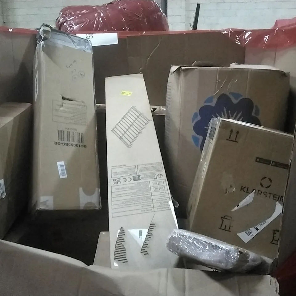 PALLET OF HOUSEHOLD ITEMS TO INCLUDE CHEFMAN MICROWAVE, 100% BAMBOO TOILET PAPER, GORDON HEATER AND OTHER ASSORTED ITEMS...