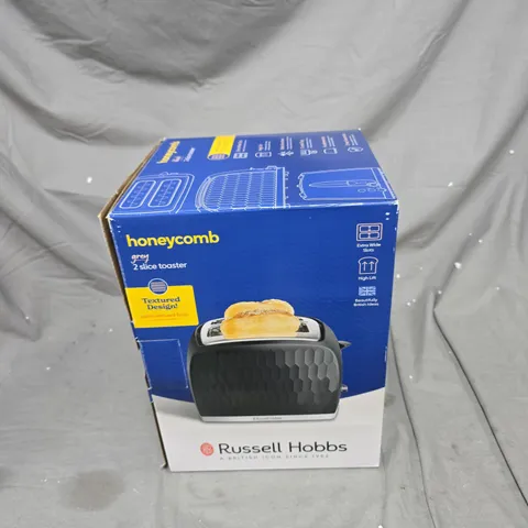 RUSSELL HOBBS 2-SLICE TOASTER – GREY TEXTURED HONEYCOMB DESIGN (BOXED, WITH MANUAL)