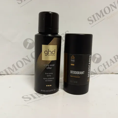 2 ASSORTED ITEMS TO INCLUDE GHD SHINY EVER AFTER FINAL SHINE SPRAY AND MANSCAPED DEODORANT 