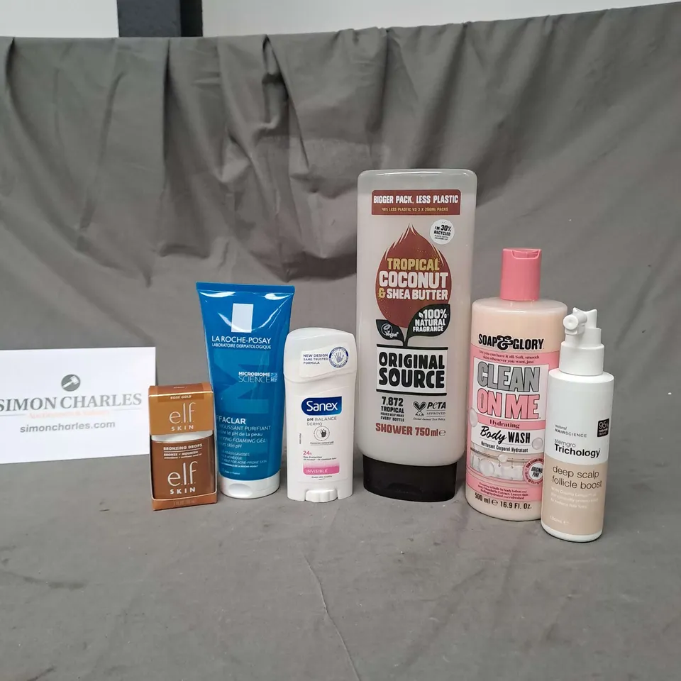 APPROXIMATELY 20 ASSORTED COSMETIC PRODUCTS TO INCLUDE ORIGINAL SOURCE SHOWER GEL, SANEX DEODORANT AND ELF BRONZING DROPS