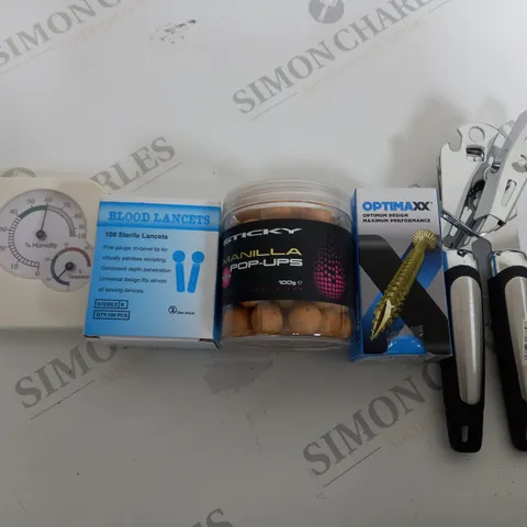 BOX OF APPROX 20 ASSORTED ITEMS TO INCLUDE - STICKY MANILLA PUP UPS - BLOOD LANCETS - TIN OPENER ECT