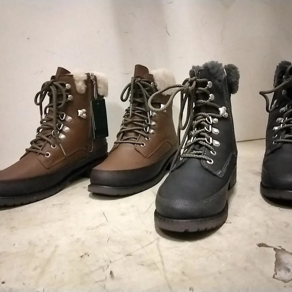 BOXED UNISEX EMU AUSTRALIA OKAB BOOTS , 1 PAIR GREY SIZE 6 , 3 PAIRS OAK SIZE 5 