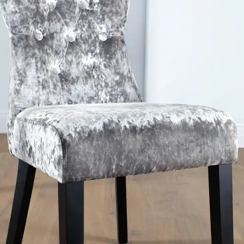 BOXED KENSINGTON DINING CHAIR, SILVER CRUSHED VELVET & BLACK SOLID HARDWOOD 