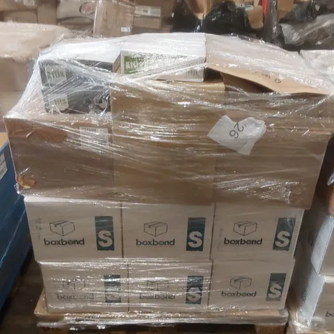 PALLET CONTAINING A LARGE QUANTITY OF PACKAGING ITEMS INCLUDING: SELF ADHESIVE PAPER TAPE, PAPER ENVELOPES, PLASTIC STRAPPING EDGE PROTECTOR ECT