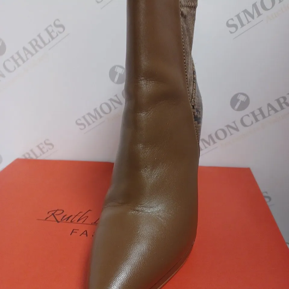 BOXED RUTH LANGSFORD PLATFORM LEATHER ANKLE BOOTS, TAUPE - SIZE 4