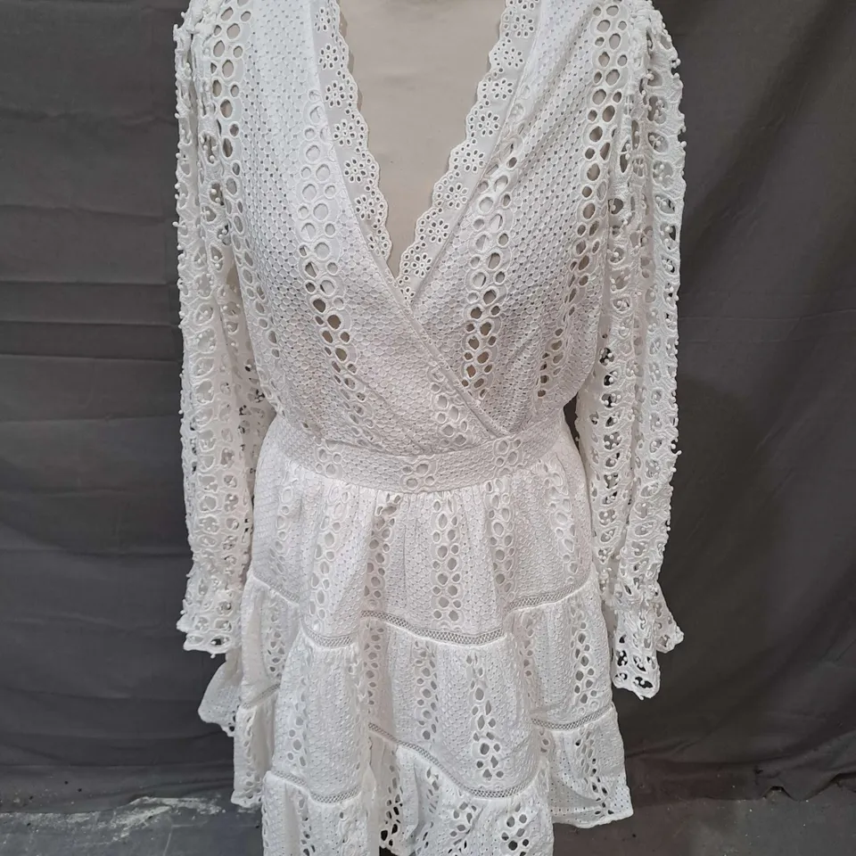 HOLLAND & COOPER BRODERIE LACE V-NECK DRESS IN WHITE SIZE 10