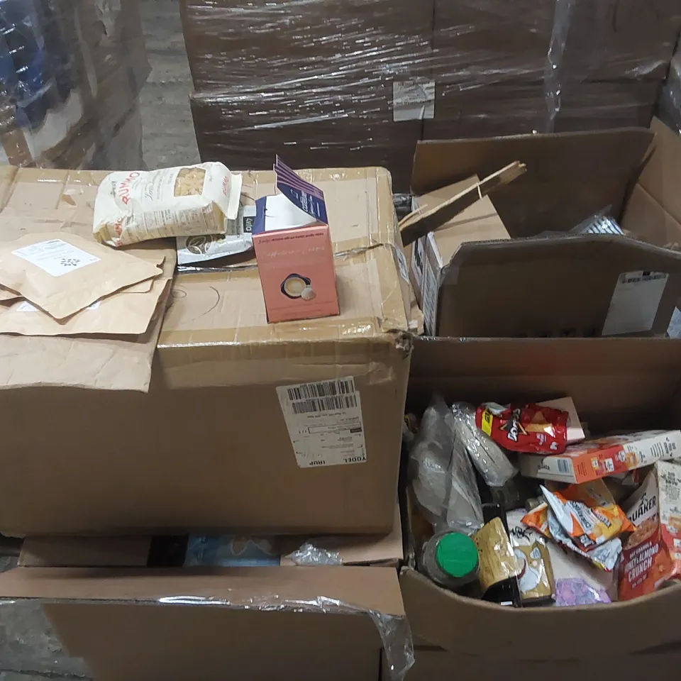 PALLET CONTAINING A LARGE ASSORTMENT OF FOOD ITEMS, LOCK BOX ECT