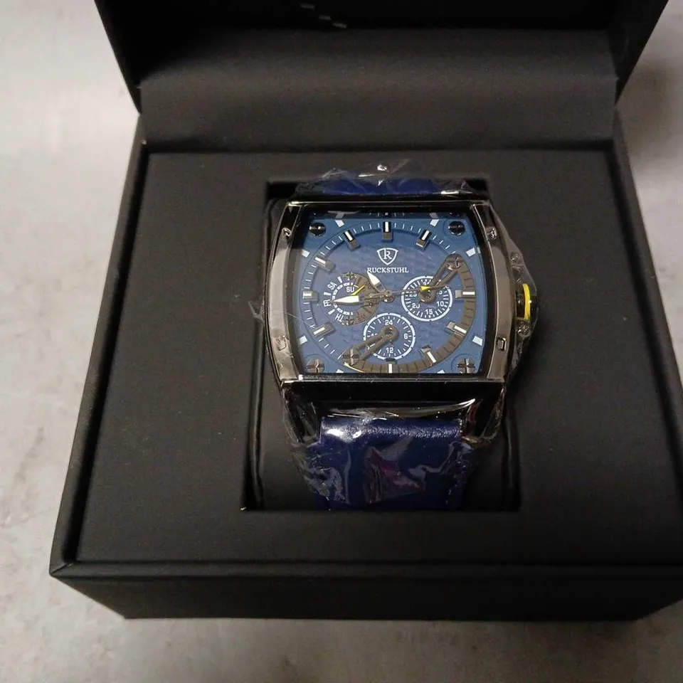 RUCKSTUHL R300 CHRONOGRAPH WATCH – BLUE MULTI FUNCTION DIAL – BLACK CASE -3ATM WATER RESISTANT – GENUINE LEATHER STRAP