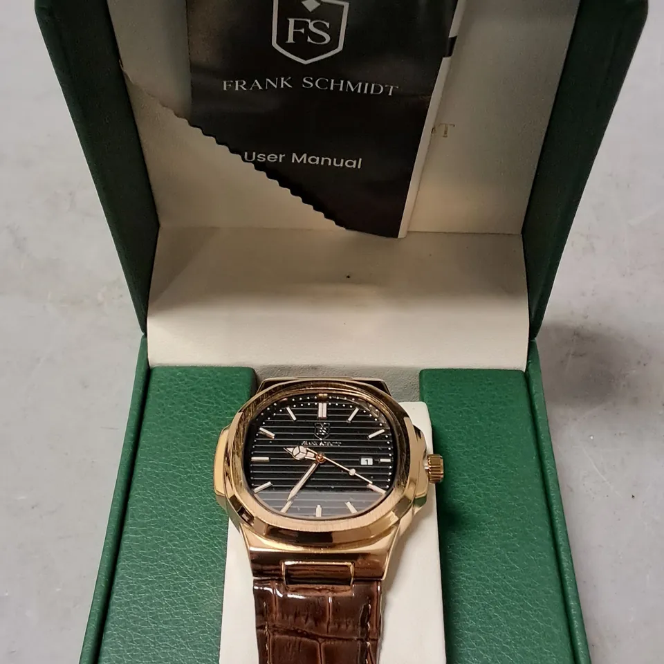 FRANK SCHMIDT STAINLESS STEEL WATCH WITH GOLD BODY AND BROWN LEATHER STRAP