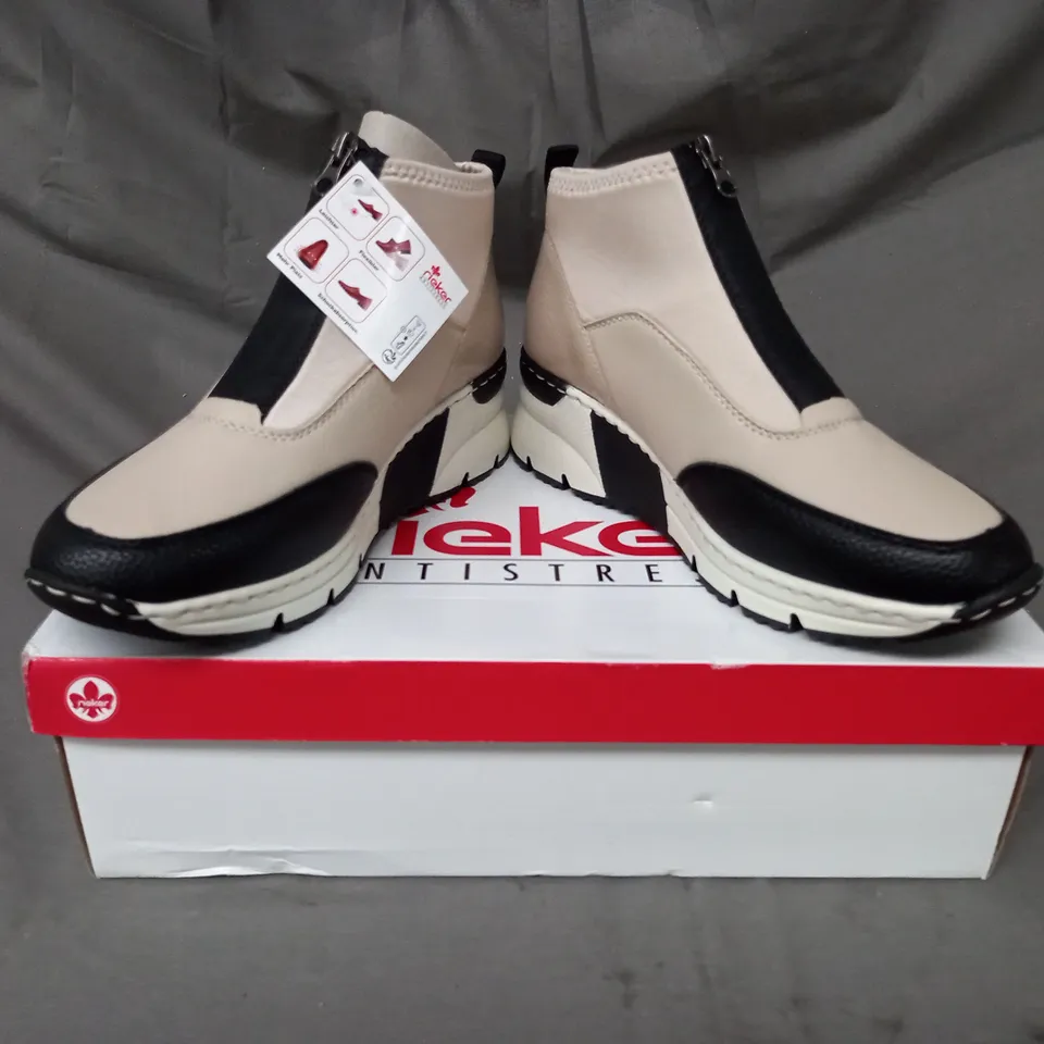 BOXED PAIR OF RIEKER HI TOP TRAINERS IN BEIGE SIZE 6.5