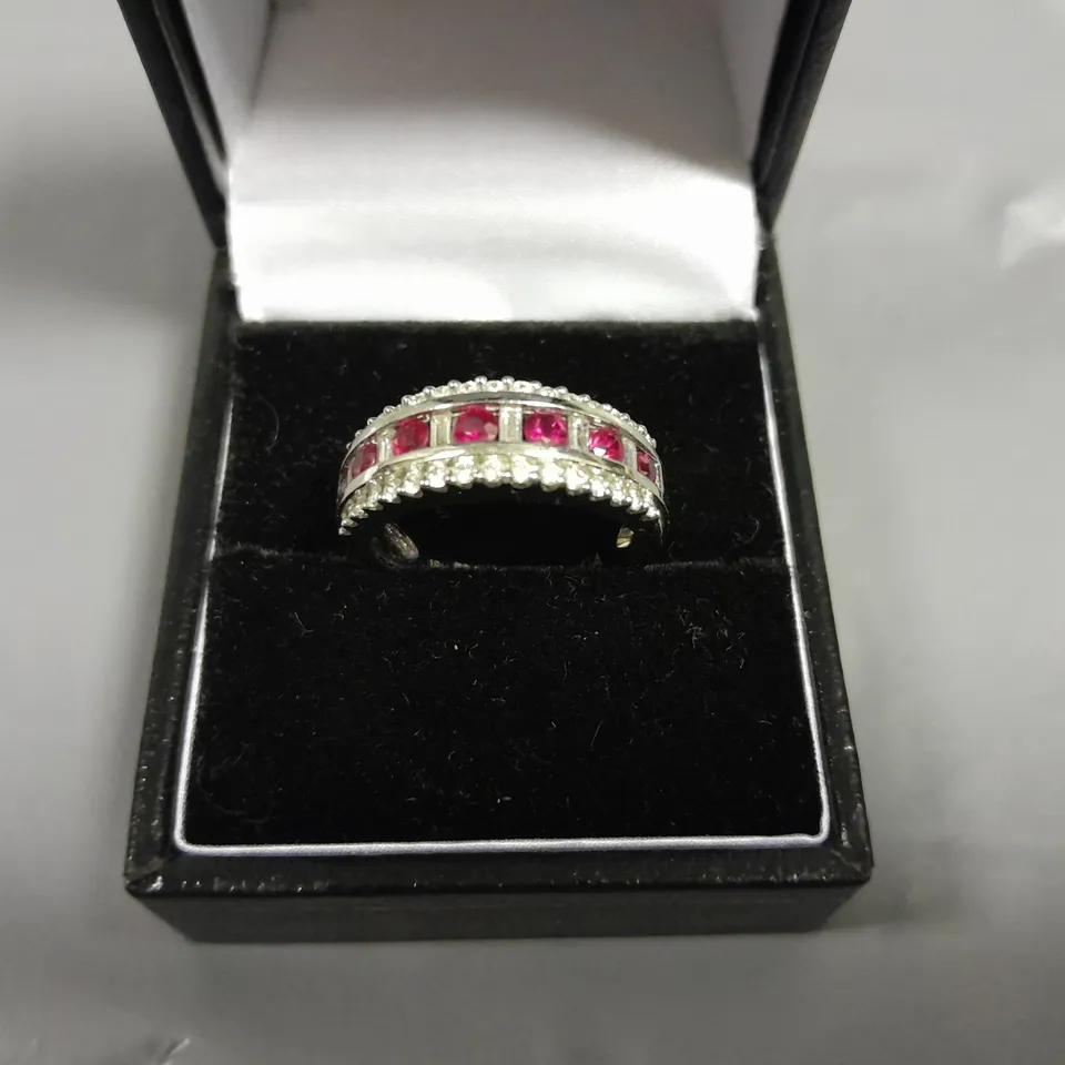 18CT WHITE GOLD HALF ETERNITY RING SET WITH RUBIES AND NATURAL DIAMOND WEIGHING +-1.51CT