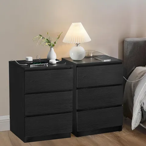 BOXED VASAGLE KAILYN COLLECTION - BEDSIDE TABLES WITH POWER STRIP - BLACK 