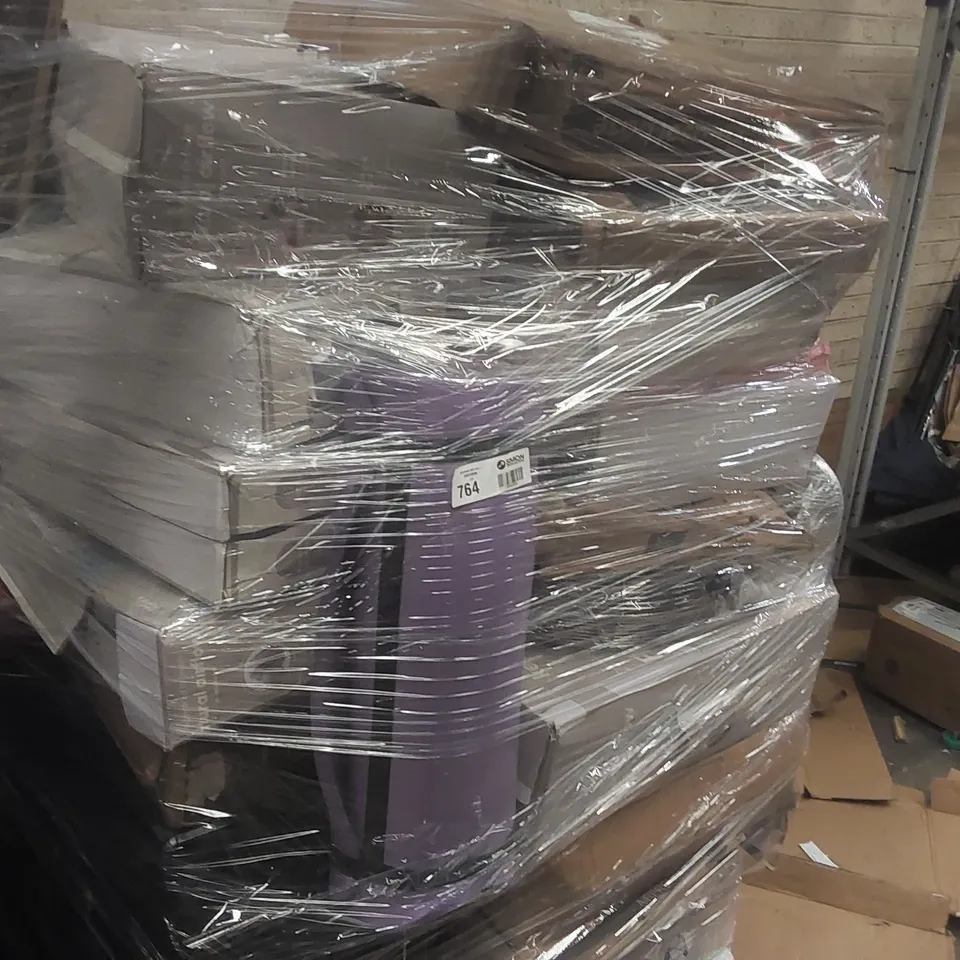 PALLET CONTAINING A LARGE QUANTITY OF ASSORTED HOUSEHOLD GOODS WHICH INCLUDE; PARASOL BASES, SUITCASES, FANS, MILK FROTHERS, HOOVERS ETC