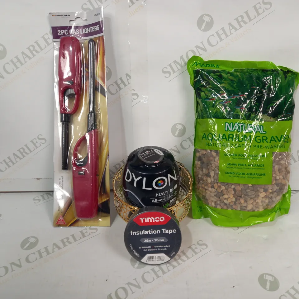 LOT OF APPROXIMATELY 10 ASSORTED HOUSEHOLD ITEMS TO INCLUDE NATURAL AQUARIUM GRAVEL, DYLON FABRIC DYE, GAS LIGHTERS, ETC