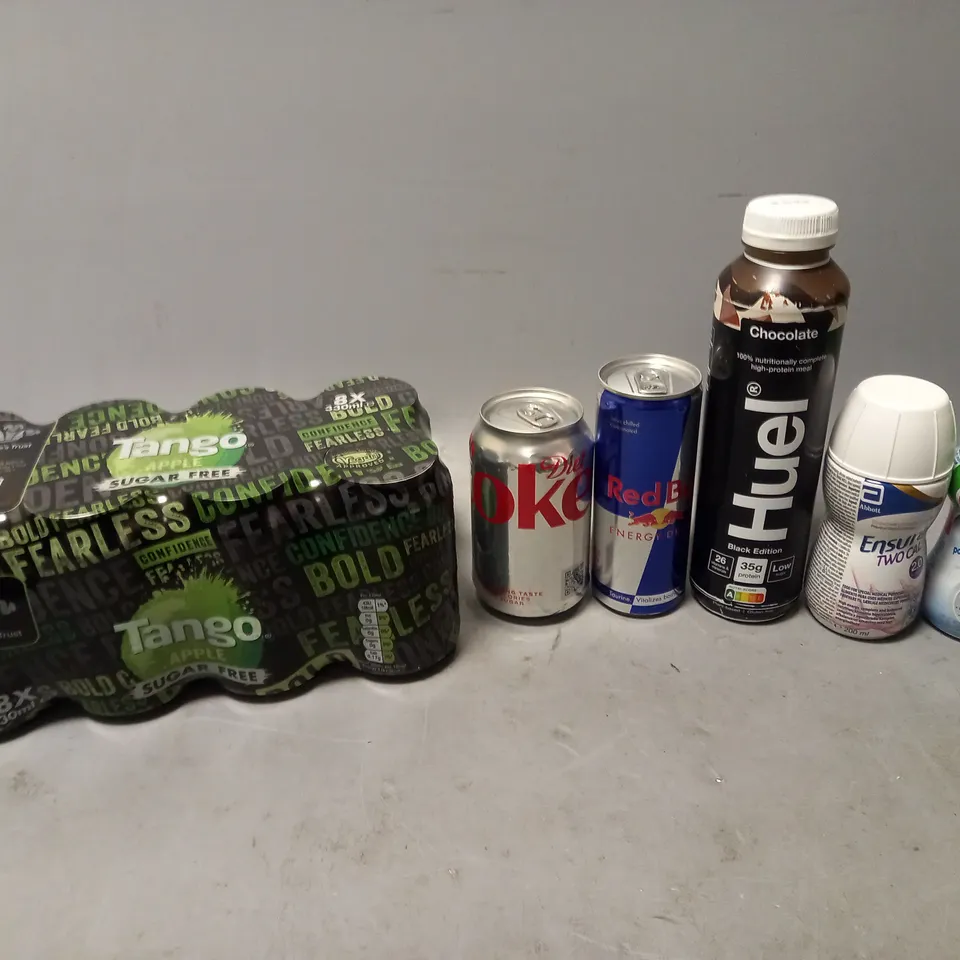 LOT OF APPROXMATELY 8 ITEMS TO INCLUDE  - TANGO APPLE SUAGR FREE, HUEL CHOCOLATE, AND REDBULL ETC. 