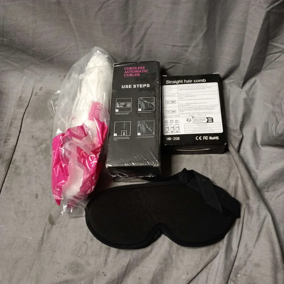 BOX OF APPROXIMATELY 15 ASSORTED COSMETIC ITEMS TO INCLUDE STRAIGHT HAIR COMB, CORDLESS AUTOMATIC CURLER, COTTON WOOL PADS, SLEEP MASK ETC