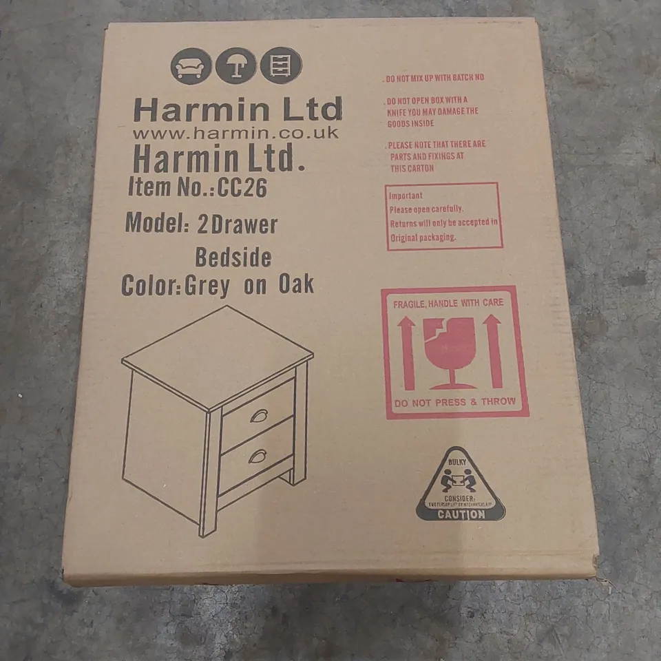 BRAND NEW BOXED 2-DRAWER BEDSIDE TABLE IN GREY/OAK - CC26 (1 BOX)